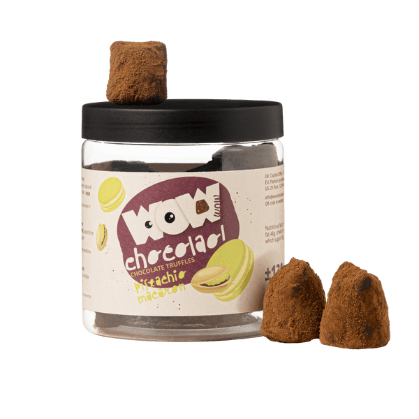 Pot cadeau de truffes au chocolat macaron pistache 130g | Chocolat de luxe à la pistache